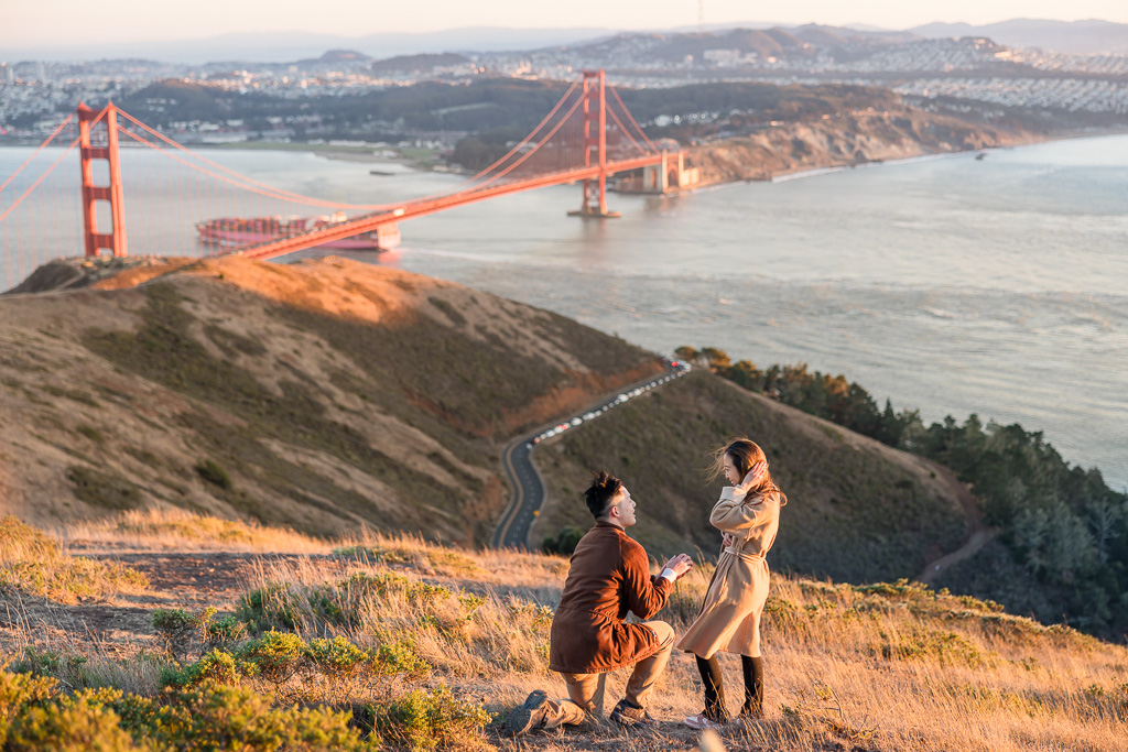 romantic sunset proposal at Slackers Hill above the Golden Gate Bridge