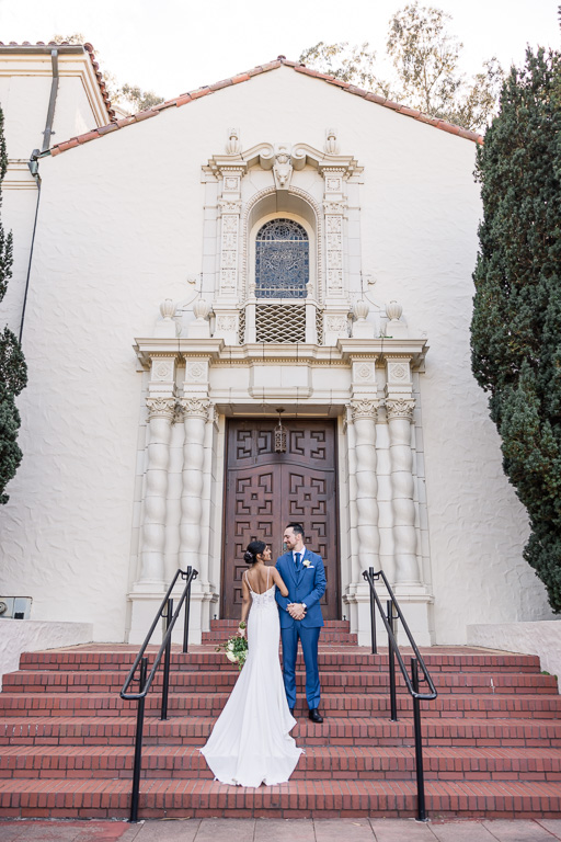 traditional style portraiture of the bride and groom at Presidio Chapel