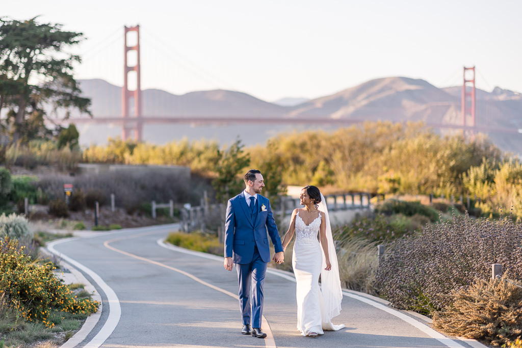 sunset wedding photos in the Presidio with Golden Gate Bridge backdrop