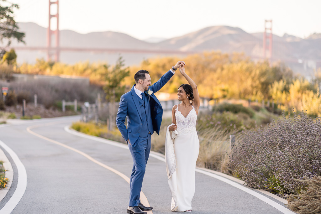 wedding day sunset photos of the bride and groom at Golden Gate Club in SF