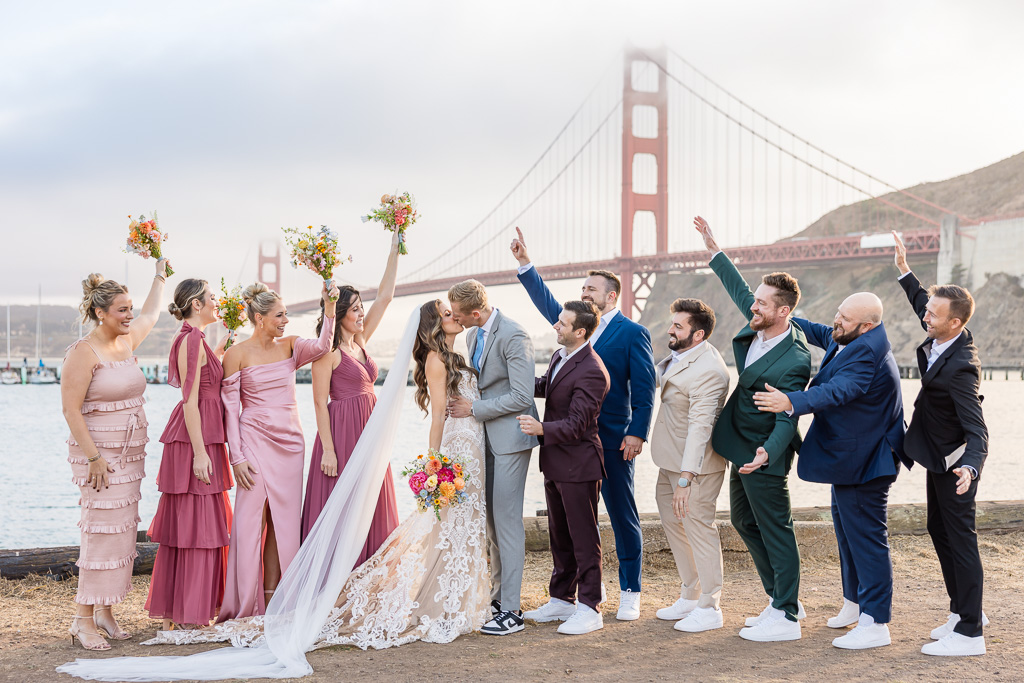 colorful coordinated bridesmaids and groomsman outfits