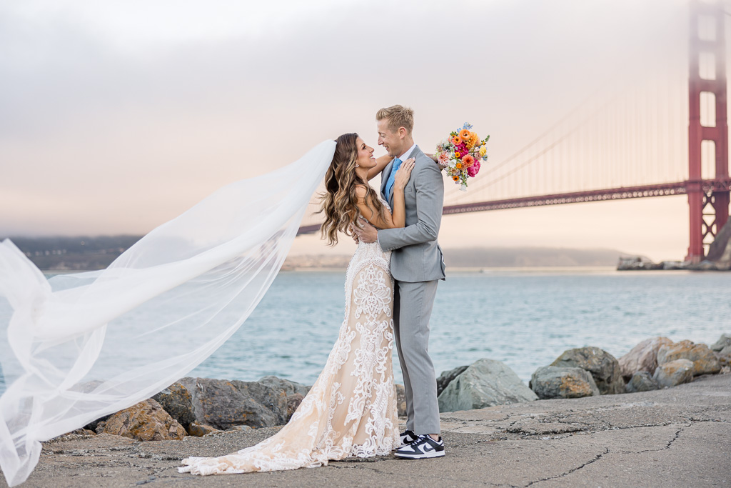 foggy sunset wedding photo at the Golden Gate Bridge