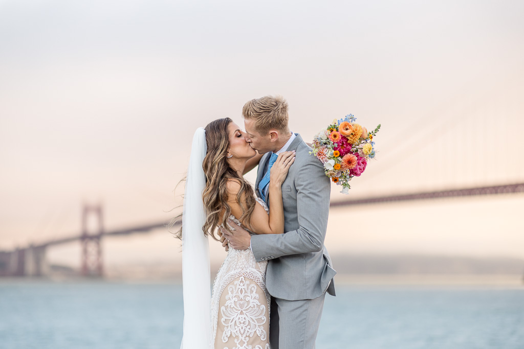 Presidio Yacht Club sunset wedding photos of bride and groom