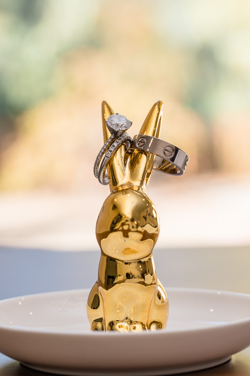 wedding rings on a rabbit jewelry dish