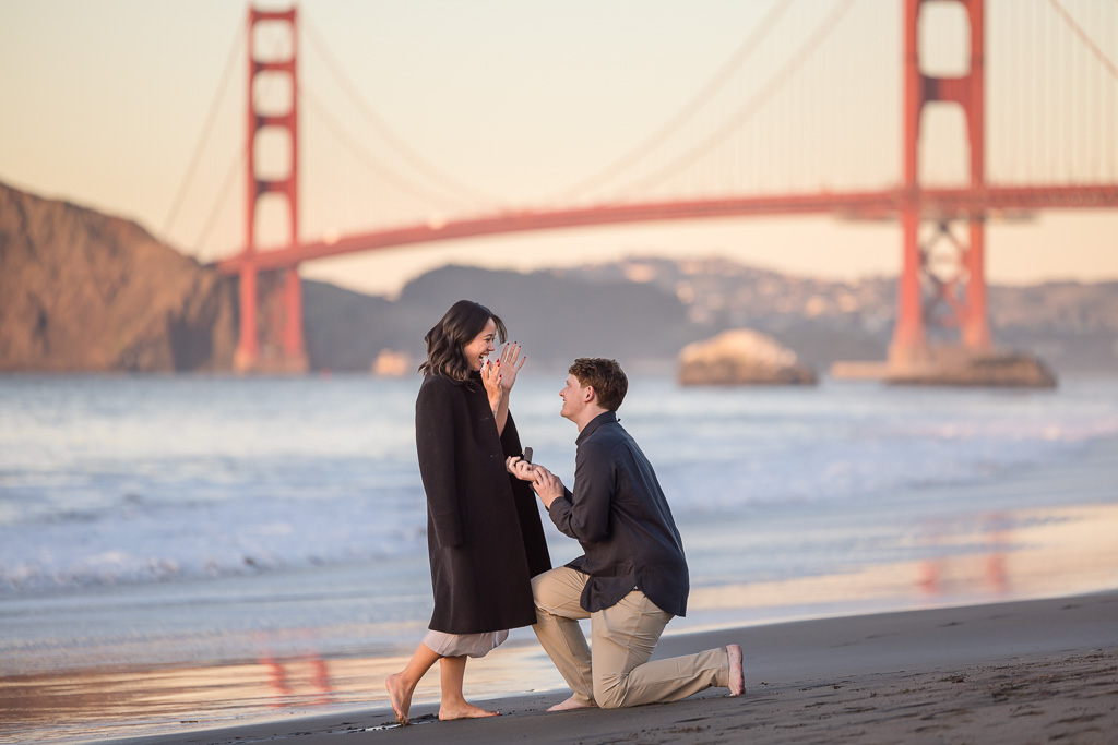 beautiful emotional Baker Beach surprise proposal at sunset