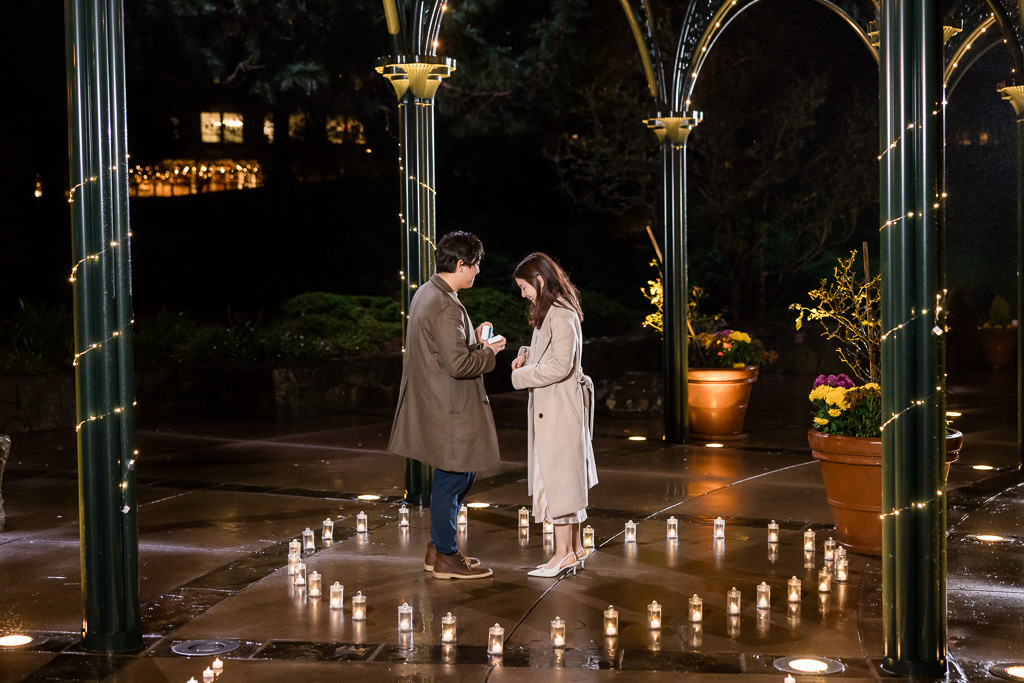 proposal on a rainy night with candles arranged in a heart pattern