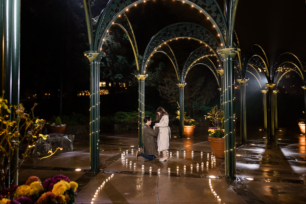 nighttime surprise proposal at the Letterman Digital Arts Center arches with twinkle lights