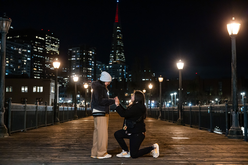 same-sex nighttime surprise proposal in downtown San Francisco