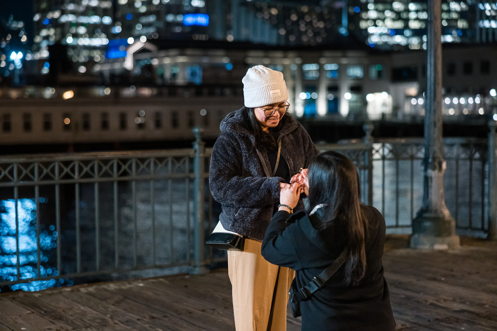 surprise proposal at night in San Francisco