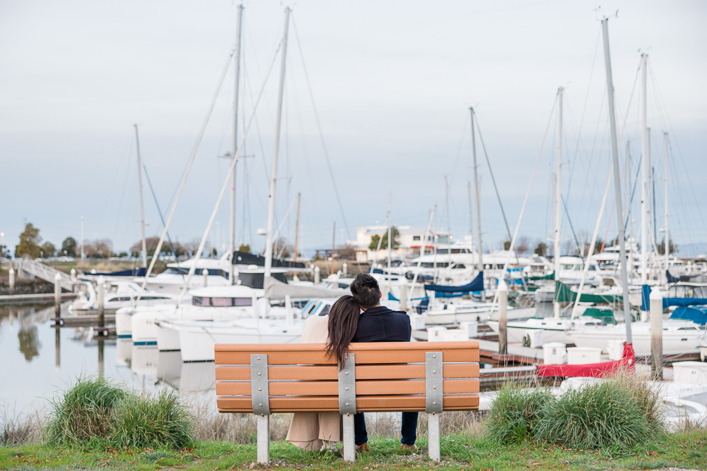 Redwood City Marina engagement photos on the bench