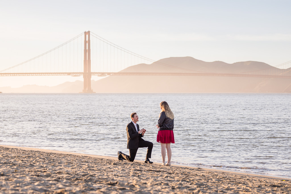 golden hour proposal at the Presidio with the Golden Gate Bridge in the background