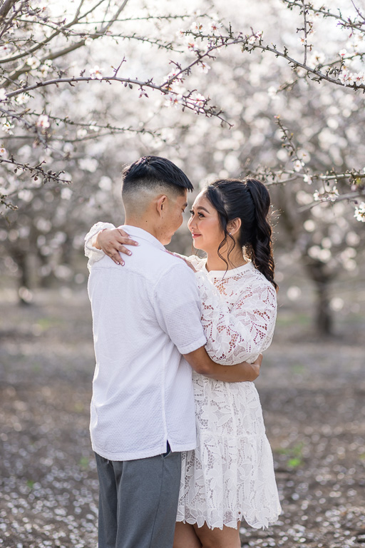 almond tree blossom engagement photos