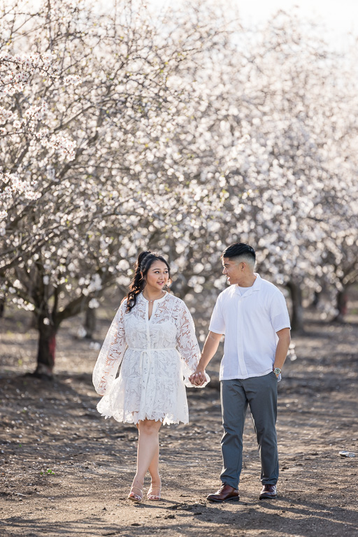 engagement photos at almond orchard in Tracy, CA