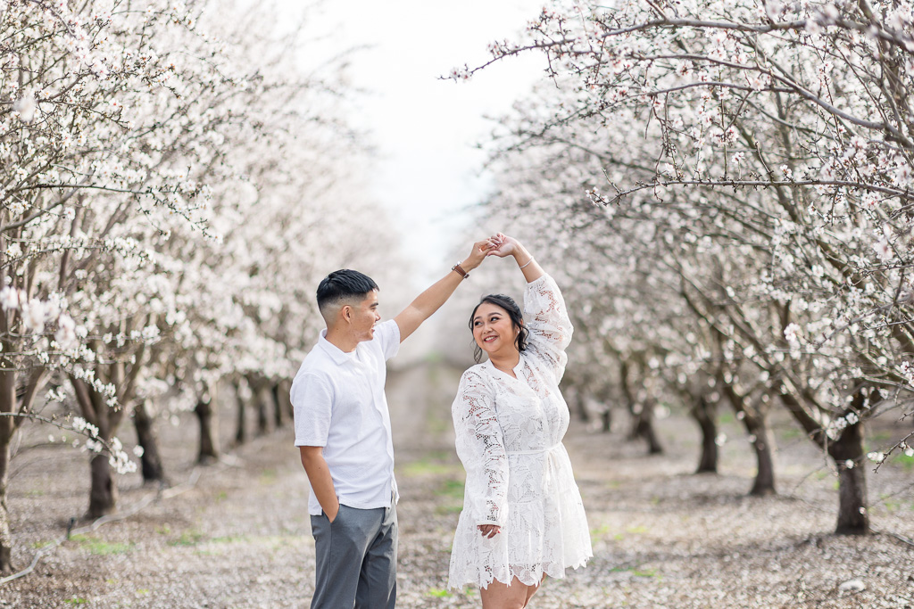 Central Valley almond blossom engagement phtos