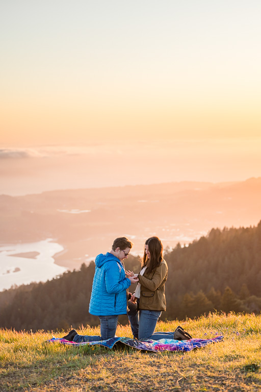 Mount Tamalpais sunset engagement on a picnic blanket
