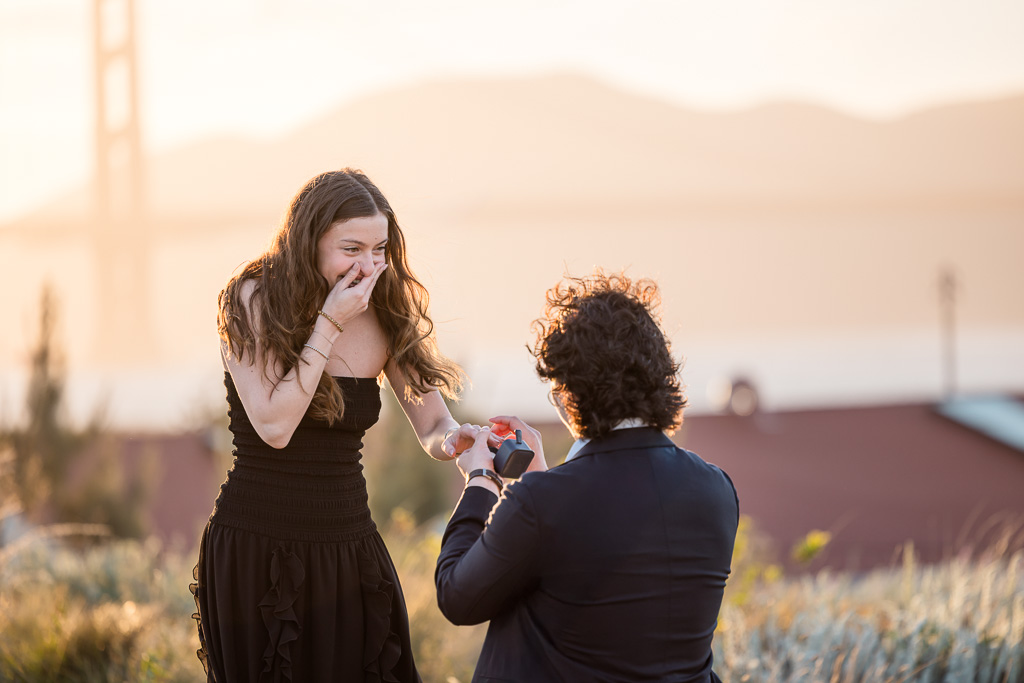 Golden Gate Bridge golden hour sunset surprise proposal