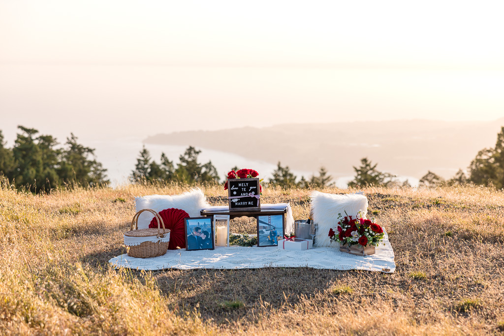romantic picnic setup for marriage proposal on Mt. Tam