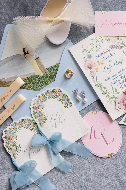 baby blue wedding flat lay photo