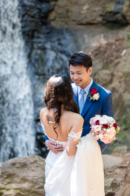 wedding day first look at Cascade Falls