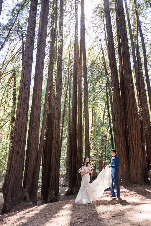 an in-between moment of the bride and groom in a redwood forest
