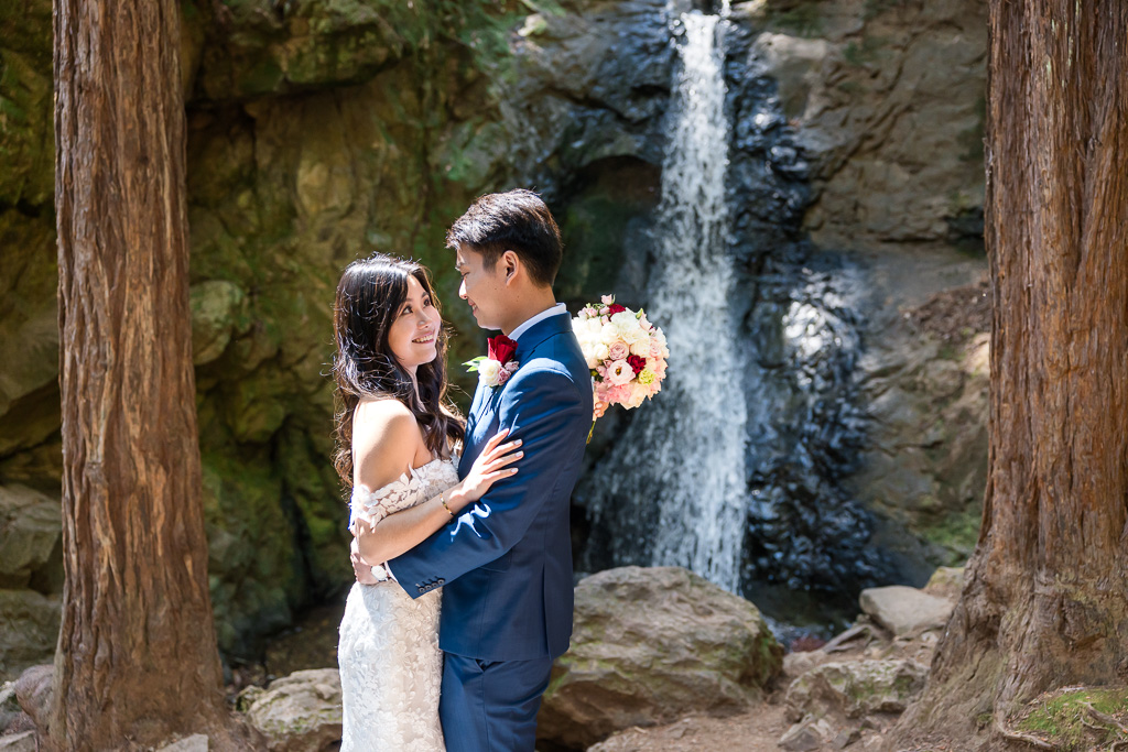 wedding pics of the couple at Cascade Falls in Mill Valley