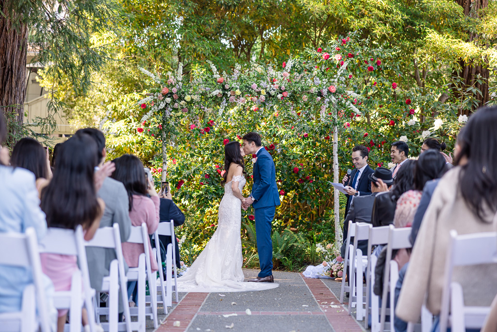 Outdoor Art Club garden wedding first kiss