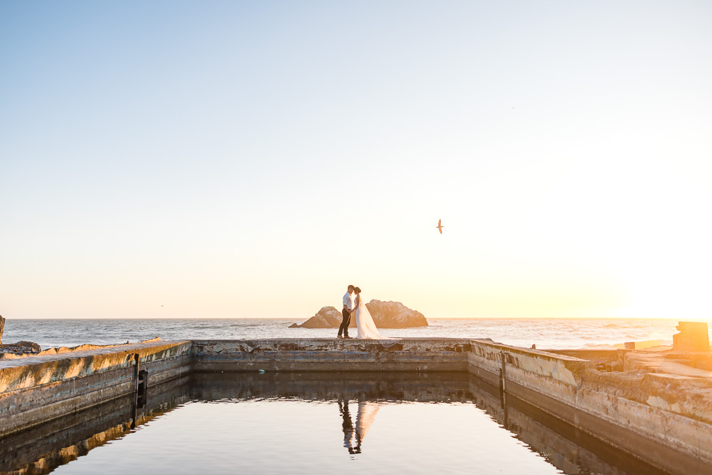 colorful sunset pre-wedding photos at Sutro Baths