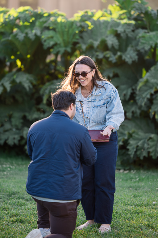 golden hour surprise proposal at a park