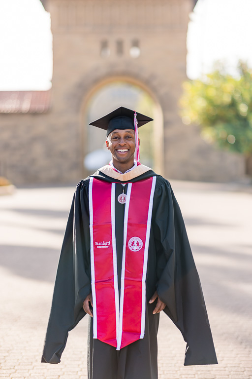 graduation photo at Stanford main quad in the morning