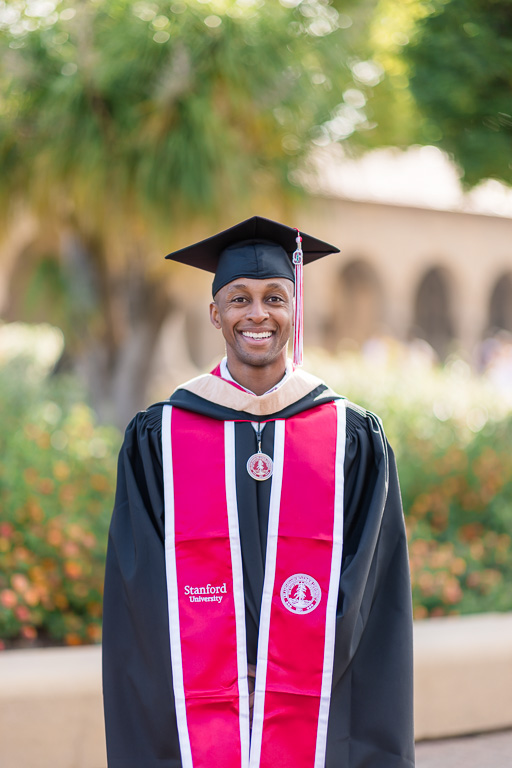 Stanford graduation photo in cap and gown