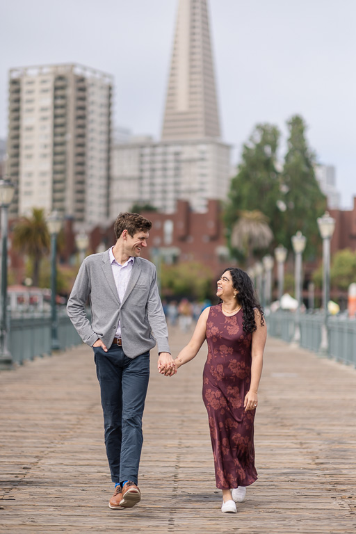 Pier 7 engagement photos along the wooden pier