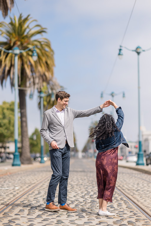 engagement photos along the Embarcadero in San Francisco