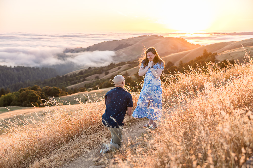 Russian Ridge sunset proposal with fog in the background
