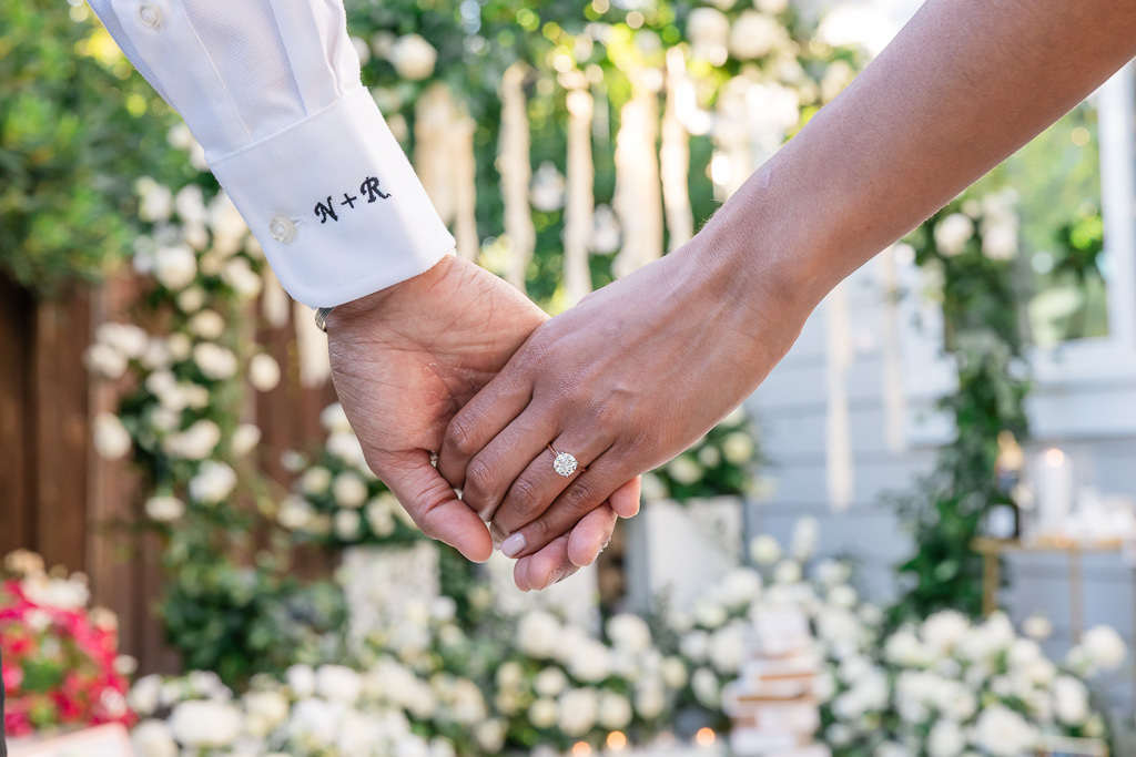 close-up of sleeve monogrammed with couple’s initials