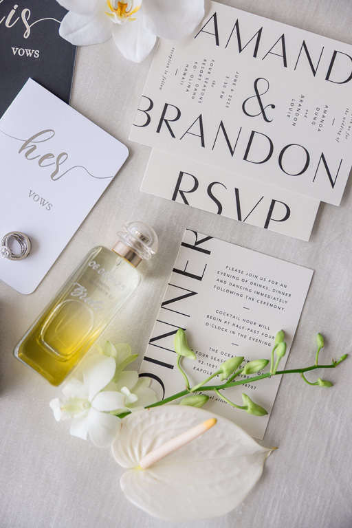 black and white themed wedding invitation and details