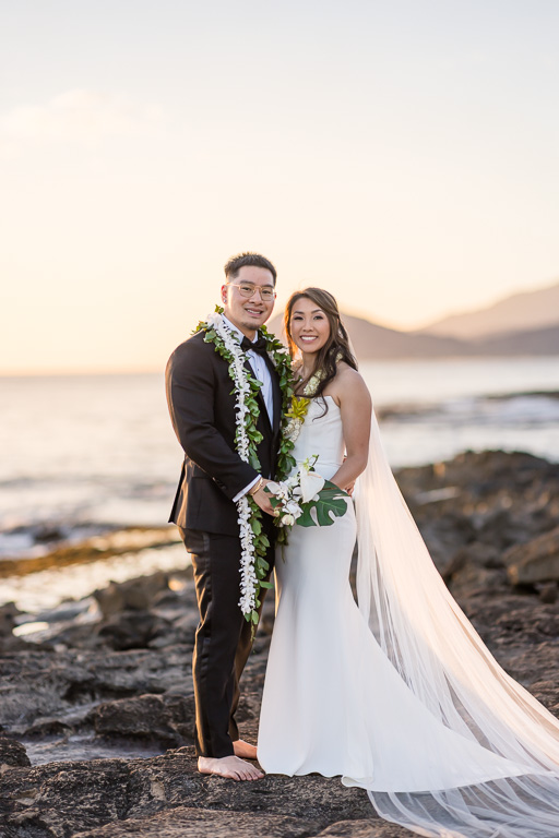 bride and groom at sunset