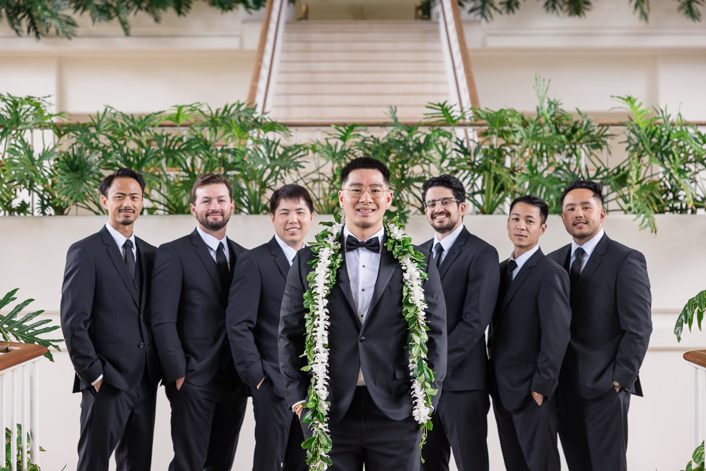 photo of groom standing in front of his groomsmen