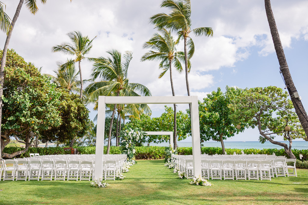 empty wedding ceremony site at the Four Seasons Ko Olina featuring two large custom-built box altars