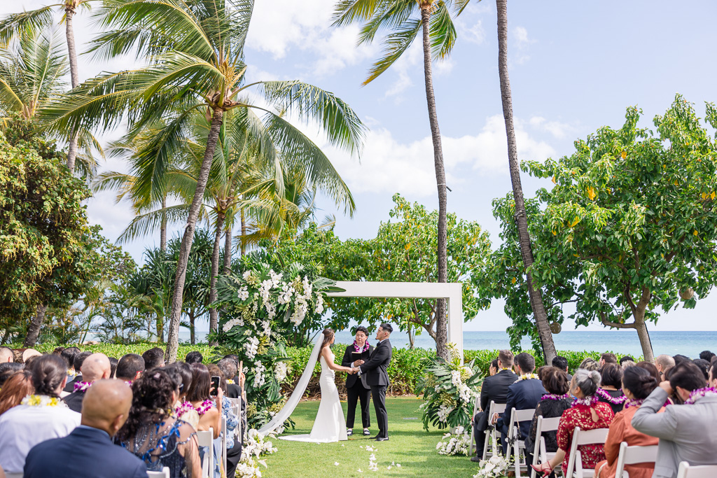 wide angle view of midday wedding ceremony at the Four Seasons Ko Olina on Oahu