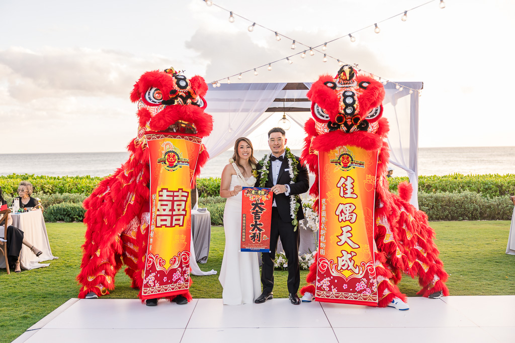 traditional Chinese lion dance conclusion with scrolls presented
