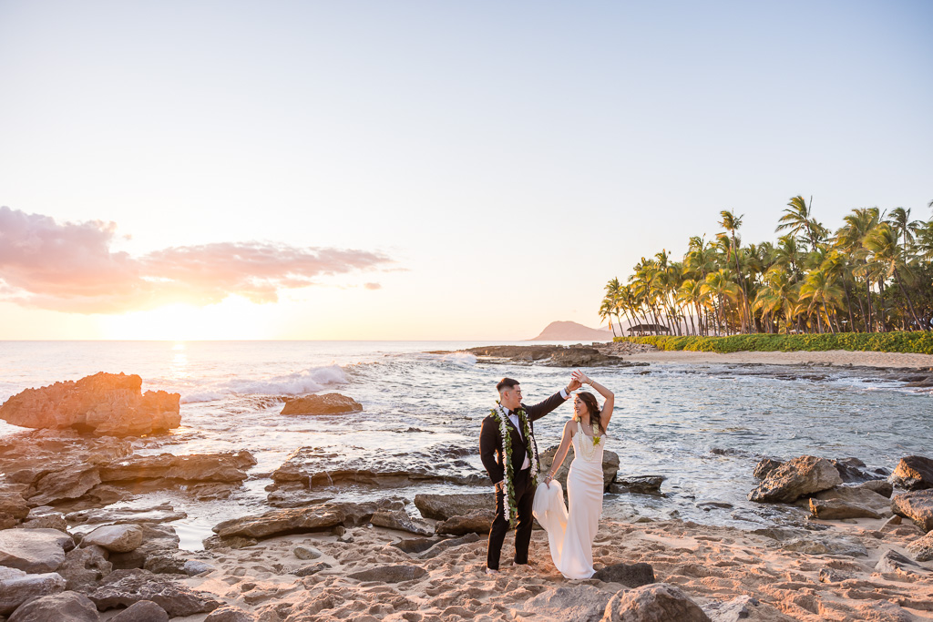 gorgeous sunset wedding photo on Ko Olina Lagoon 4 beach