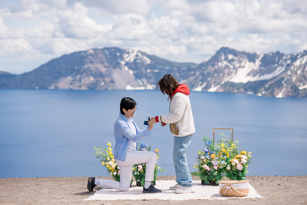 lesbian marriage proposal at Crater Lake National Park’s volcanic lake