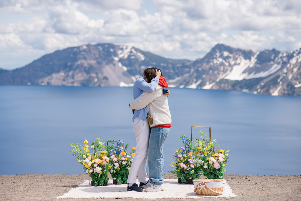 couple hugging after proposal