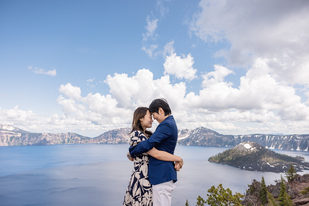 summertime engagement photos at Crater Lake National Park with same-sex couple