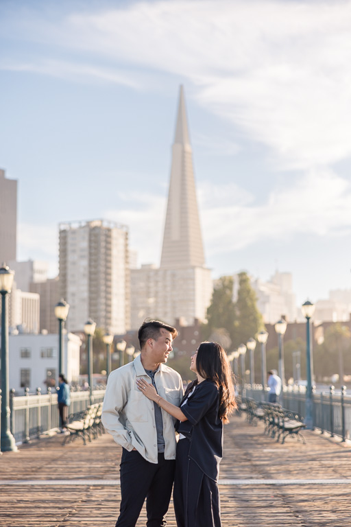 Pier 7 engagement photos in the golden hour sun