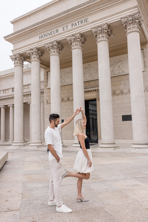 a twirl in the Legion of Honor courtyard