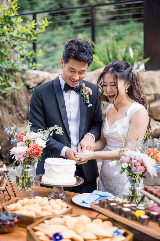 cute happy moment of the wedding couple cutting their cake