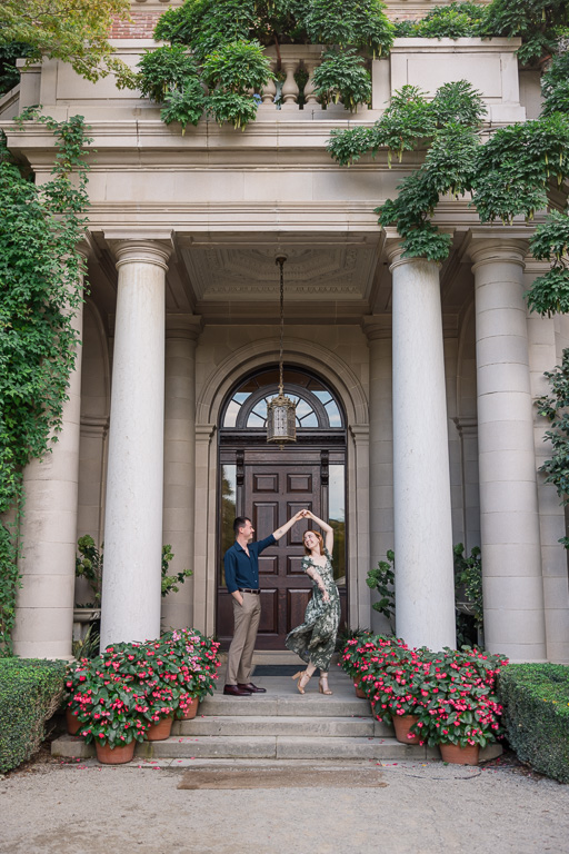 a twirl at the front steps of the Filoli Mansion