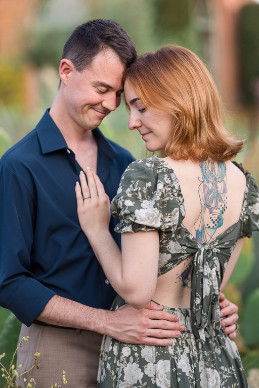 close-up engagement photo in floral dress