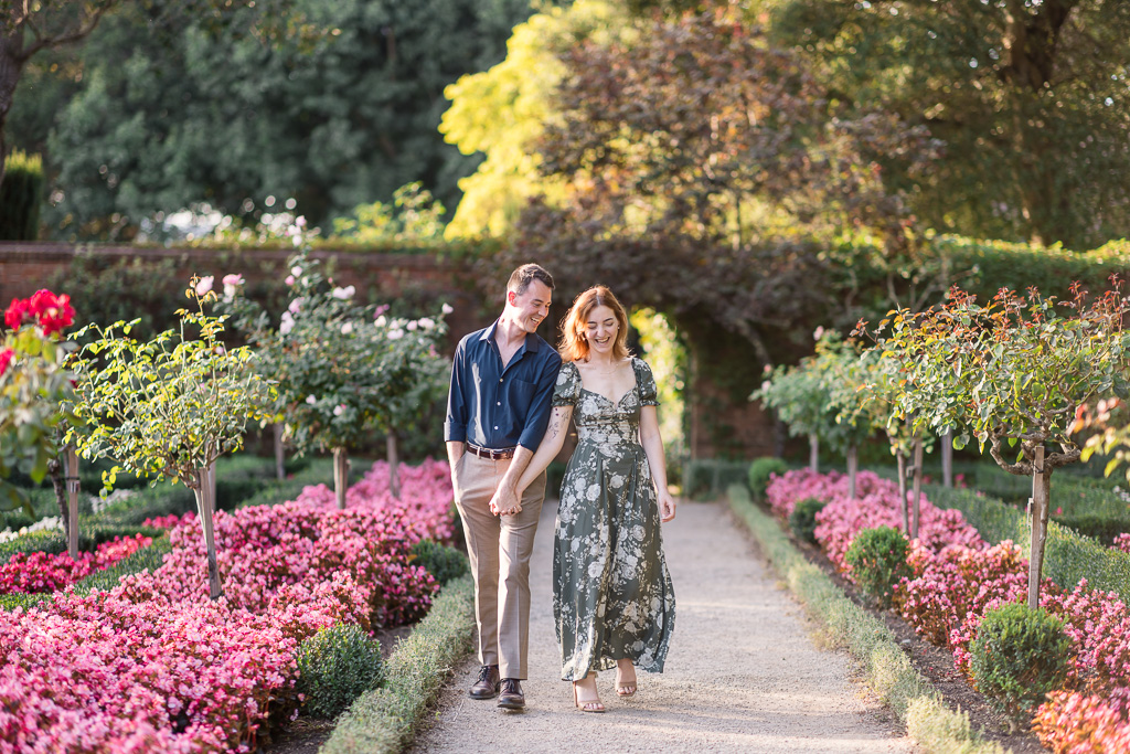 summer engagement photos at Filoli Gardens during golden hour
